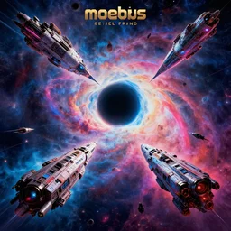 retro futuristic sci - fi poster by moebius and greg rutkowski and syd mead, epic orbital spaceships battle, nebulae, black hole, rule of third, high quality, cinematic, digital painting, vibrantly lush neon lighting, beautiful volumetric lighting | style atmosphere