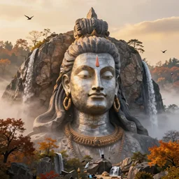a stunning ultra detailed fantasy closeup photo of lord shiva's head carved into a granite mountain, surrounded by fall trees, waterfalls and birds, golden hour hues, fog, by tomasz alen kopera and tom bagshaw, very detailed, deep depth of field, 5 0 mm lens, artstation, highly coherent, 8 k