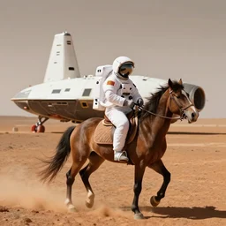 a photo of an astronaut riding a horse on mars, spaceship on the background