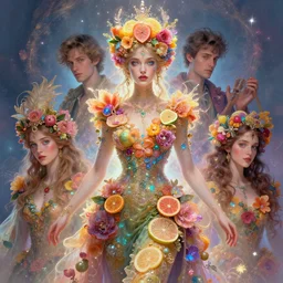 fruit goddess ; by james jean, charlie bowater, tom bagshaw, nikolay makovsky, melanie delon : : enchanting, colorful, ethereal, magical, glowing, sparkle, iridescent, flowerpunk, portrait, character design, illustration, hyperrealism, photorealism, digital art, concept art, fantasy, whimsy, weta, wlop, artstation, epic
