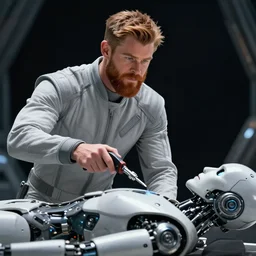 cinematic portrait of chris hemsworth with big ginger beard in light grey futuristic jumpsuit with screwdriver looking at lying android robot, tool in hand, dark space station at background, high detail, 8 k, sharp focus, movie still, dramatic lighting, ray tracing, smooth, lane brown, finnstark, oleg bulakh, diego fazio, mike dargas, emanuele dascanio, felix