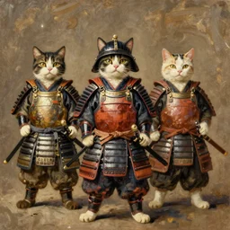 three cat-samurais in Japanese armour, oil painting, by Rembrandt