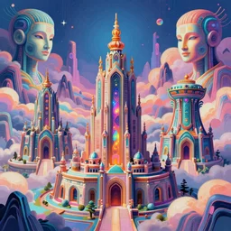 three sprawling miniature cybernetic temple, surrounded by fractal mountains, volumetric clouds, cybernetic faces, vaporwave aesthetic, colorful, psychedelic, digital painting, artstation, concept art, smooth, sharp focus, illustration, art by artgerm and greg rutkowski and alphonse mucha