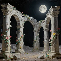 On the Moon there are broken arches leading to the pillars of eternity draped with plastic flowers and vines, black sky, lens flare, a sense of awe, cinematic, ultra detailed, oil painting by caravaggio,-W 768