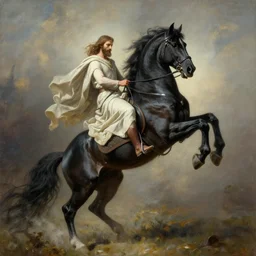 the first horseman of the apocalypse riding a black stallion, horse is up on it's hindlegs, the rider looks like jesus, artwork by artgerm and rutkowski, breathtaking, dramatic