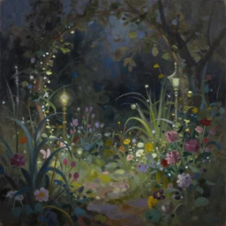 a gorgeous, fantastic, magic night garden landscape by michael kidd, trending on artstation, deviantart, oil on canvas, muted color tones, darker, low contrast