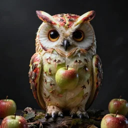 a grotesque, horrific owl made entirely of apples