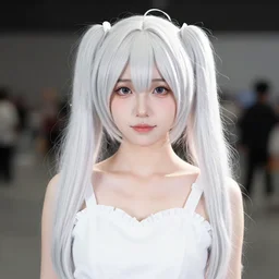 a high definition photo of a cosplayer with twin tails, wearing white dress, symmetric and beautiful face, photo taken with Sony a7R