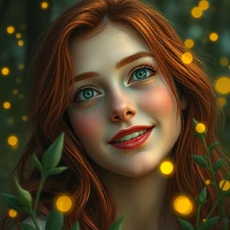 infp young woman, smiling amazed, golden fireflies lights, amidst of nature fully covered, long loose red hair, intricate linework, bright accurate green eyes, small nose with freckles, oval shape face, realistic, expressive emotions, dramatic lights spiritual scene, hyper realistic ultrafine art by artemisia gentileschi, jessica rossier, boris vallejo
