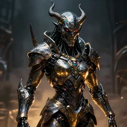 a dark sci fi horror quarter - length portrait of a shadow biomechanical demon wearing futuristic sci fi armor made of metal plates, cinematic lighting, smooth, high detail, dark fantasy, unreal engine, octane render, by vitaly bulgarov artstation, diablo by blizzard, golden rule, sense of action, fog volumes, vivid color glow, post processing, cgsociety