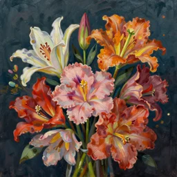 hyper detailed illustration like a Oil painting - a vivid exotic flower bouquet, long petals, huge blossoms, by James Jean, Masterpiece, Edward Hopper and James Gilleard, Ross Tran, Mark Ryden, Wolfgang Lettl, hints of Yayoi Kasuma, surreal