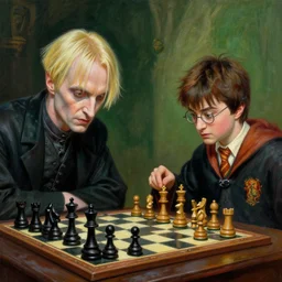 A very detailed surreal fantasy painting of Lord Voldemort playing chess against Harry Potter by Manjit Bawa, trending on artstation, 4k.