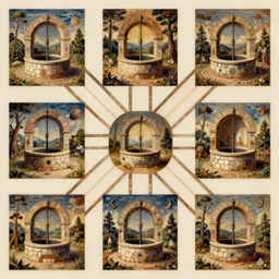 a pathway that splits in to ten seperate paths, each leading to an old well, mysticism, oil painting, masterpiece, medieval art