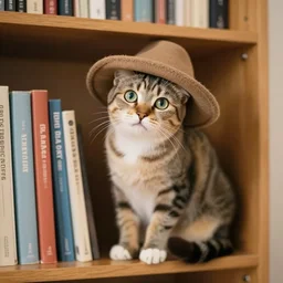 cat waeting a hat on a bookshelf