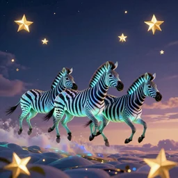 Three zebras with a luminescent iridescent luminous color jump across magic aesthetic skies, golden stars, prisma light, 8K