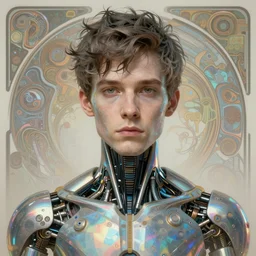A portrait of Thom Yorke as a cyberpunk android, iridescent highlights, surrounded by digital swirls, highly detailed, intricate, soft, sci-fi, sharp focus, subsurface scattering, art by Moebius, Greg Rutkowski, Alphonse Mucha