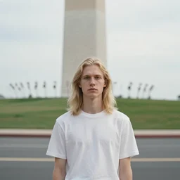 a pale young man with long light blond hair in front of the washington monument, high quality, street photography, award winning