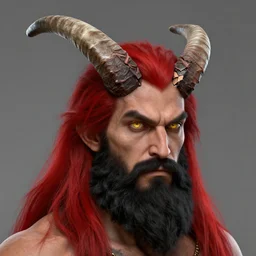 dnd render of a man, red, a big black beard, golden eyes, 2 horns protruding out of his forehead which curve back, one is broken at a quarter of the length of the other.