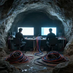 two computers in a cave, piles of modular synth cables, two silhouettes of men working by a bright computer screen, by cameron gray, wlop, stanley kubrick, masamune, hideki anno, unique perspective, trending on artstation, 3 d render, smooth render