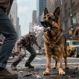 the german shepherd of I am legend in new york attacking a zombie, foam around the teeth, octane render, unreal engine, style of peter mohrbacher, 8k highly detailed