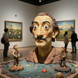 plasticine sculpture stop motion. salvador dali clay models. gallery painting of flowers. water on floor. visitors. room with a small hole in wall. john craxton. high detail. photorealistic