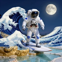 a beautiful digital painting of an astronaut in a white and royal blue luxurious space suit surfing the great wave of Kanagawa on a chic surfboard at Pamukkale, thermal waters flowing down gold travertine terraces by greg rutkowski, during a blood moon, award winning photo, trending on artstation, highly detailed, unreal engine, octane render