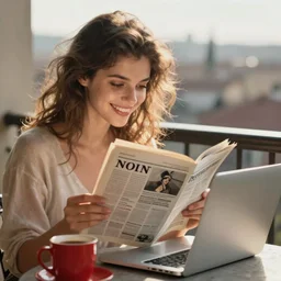 early morning on the balcony. a cheerful young woman with messy hairstyle is reading the news on her laptop. half of her body can be seen. a red coffee mug can be seen on the table next to the laptop. sunlight is beautifully lighting the face. depth of field, in the sun, backlit, closeup, oil on canvas, art by botticelli 1 4 9 9, in the style of the birth of venus, smooth, renaissance, florentine painting, 8 k