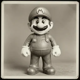 nintendo mario, portrait, full body, symmetrical features, silver iodide, 1 8 8 0 photograph, sepia tone, aged paper, master prime lenses, cinematic