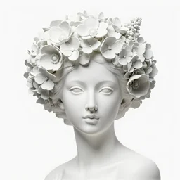 full head and shoulders, beautiful female porcelain sculpture by daniel arsham and james jean, smooth, all white features on a white background, delicate facial features, white eyes, white lashes, detailed white 3 d giant hydrangeas, poppies, lilacs on the head