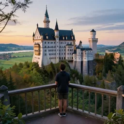 standing on a large balcony overlooking a beautiful natural landscape, fantasy castle, magic hour, concept art