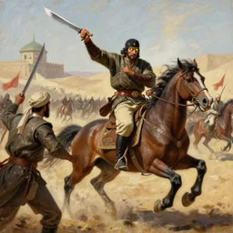 machete wielding gurkha, full body view,, fighting for life, glowing eyes,, horseback combat attacker foreground, islamic revolution, mongolian invasion of iraq, invading army background, classicism artstyle, sharp brushstrokes