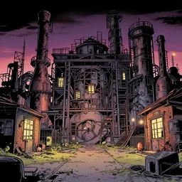 full page comic book drawings of disturbing factory urbex scenes, urban hell on a hot summer night, bold color palette, high contrast, by carel willink and gregory crewdson, moebious, jean giraud, comic book panels, octane render, bewerk anime