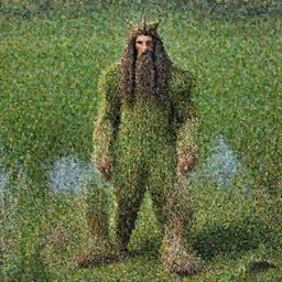 a portrait of the king of nature with long hairs and his legs are made of grass and sticks, a pond with grass in the background, art by James Jean and Wayne Barlowe, high detail, cinematic, cgsociety 8k