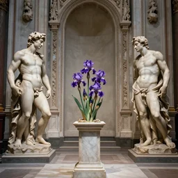 opera del duomo empty state sculpted by michelangelo and pete morbacher : : in center of the room stands exhibit of beautiful purple iris flowers sitting atop a large pillar made of white marble, in focus, hyperrealistic, cinematic, dramatic lighting, down light, intricate details, hypermaximalist, ornate, creepy, no blur