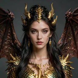 a stunning ultra detailed fantasy fine art portrait photo of a goddess with bat wings, by tom bagshaw, artgerm and natalie shau, dragon scales on body, golden ratio composition, 2 4 m lens, deep depth of field, perfect eyes and face, soft lighting, artstation, 8 k