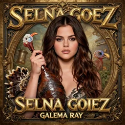 gamma ray album cover featuring photo of selena gomez holding a turkey leg, power metal album cover, trending on artstation, intricately detailed, highly detailed, classic, award winning