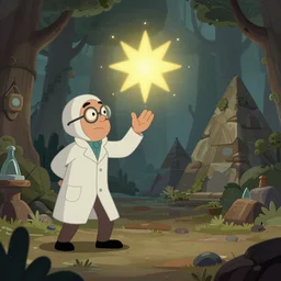 unrealistic very muted colors, interior shot from howls moving castle ( 2 0 0 4 ) of a scientist warping out of a shining bright star in a woodland pyramid valley. cartoon depth of field.