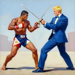 greg manchess painting of a filipino mma fighter in a swordfight with a blond man in a blue suit, organic painting, sunny day, matte painting, bold shapes, hard edges, street art, trending on artstation, by huang guangjian, gil elvgren, ruan jia, randy vargas, greg rutkowski