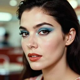 vintage kodachrome photo of latina woman at a mid - century diner, clear makeup, clean hair, dry skin, clear skin, bright eye makeup, face by artgerm, photo by mario testino and peter lindbergh, cinematic, micro details, insanely detailed