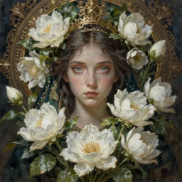 breathtaking detailed concept art painting of the goddess of white flowers, orthodox saint, with anxious, piercing eyes, ornate background, amalgamation of leaves and flowers, by Hsiao-Ron Cheng, James jean, Miho Hirano, Hayao Miyazaki, extremely moody lighting, 8K