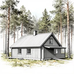 Modern swedish barn house in a pine tree forest, drawing by architect