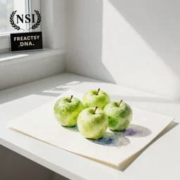 watercolor painting of green apples on white paper, bright, white table, white walls