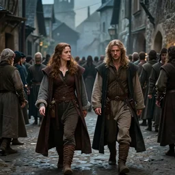 two fantasy travelers walking through a crowd of people, cinematic, medieval town, greg rutkowski, artstation, dramatic lighting