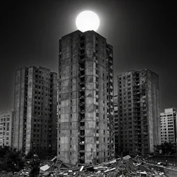 a crumbling brutalist concrete city swelters beneath a black sun astrophotography