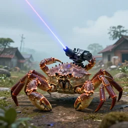 shoulder shot of a huge gigantic crab with laser - turret on its back crawling towards a village, [ laser ] [ turret ] [ attached ] to top of crab, xf iq 4 f 5. 6 iso 2 0 0
