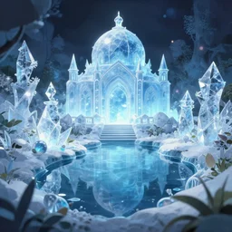pond garden of the ice crystal palace. award - winning 3 d anime by an indie studio, heavily stylized, rimlighting, depth of field, limited palette, impressionism, chiaroscuro, bokeh.