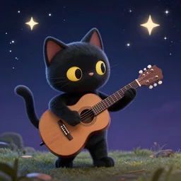 a black cat playing guitar on a night of stars and galaxies, greg rutkowski and thomas kinkade, trending at artstation, 3 d art station
