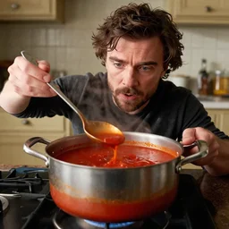soaked Peter dinklage served in a pot of tomato soup