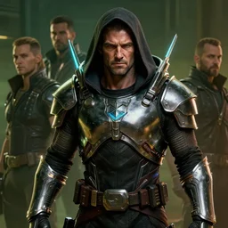 cyberpunk 2 0 7 7, charismatic rugged male battle woody harrelson - mage portrait, clothed in hooded, metal - plated battle armor atmospheric lighting painted intricate volumetric lighting, beautiful, sharp focus, ultra detailed by leesha hannigan, ross tran, thierry doizon, kai carpenter, ignacio fernandez rios