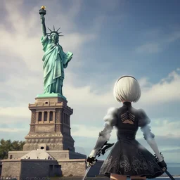 Screenshot from Nier Automata, near the Statue of Liberty